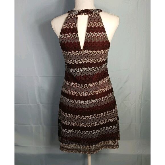 Candies Lace Mesh Halter Dress Juniors Small Burgundy Gray Floral Stripe EUC - Picture 2 of 9